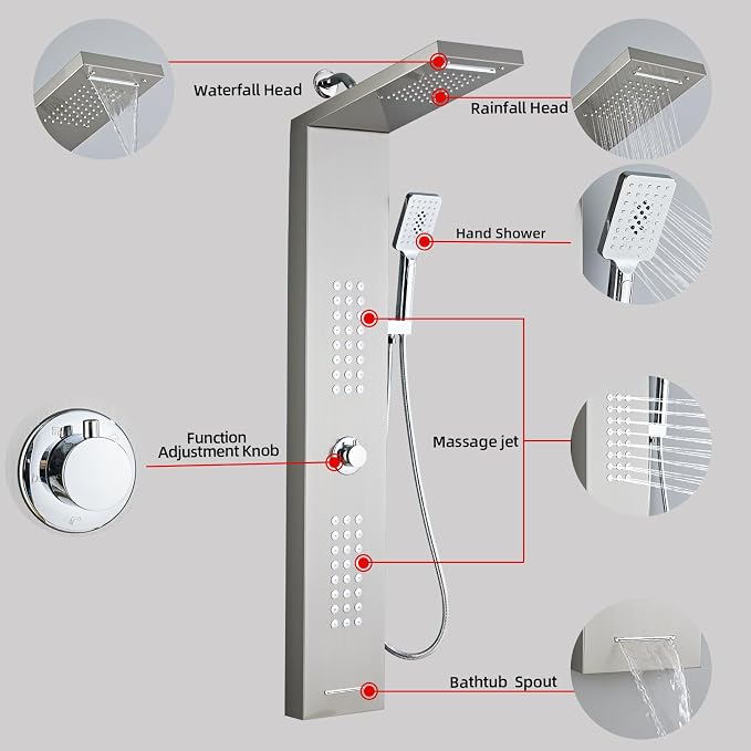 Shower Panel Tower System,Rain Shower Head Rainfall Waterfall | Handheld High Pressure Rain Massage System(Brushed Silver)