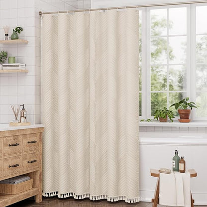 AmazerBath Boho Farmhouse Shower Curtain with Tassels, Soft Cloth Beige Shower Curtain Set, Herringbone Chevron Minimalist Fabric Rustic Shower Curtain with Hooks, Hotel Quality, 72x72 Inches