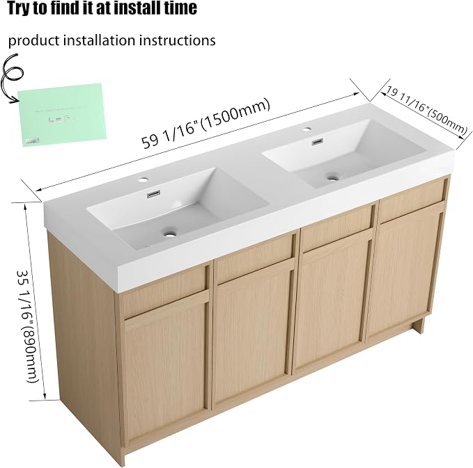 60" Double Sink Freestanding Bathroom Vanity Brown 4-Door Cabinet | Twin basins for master baths, Silent soft-close hardware, Scratch-resistant basins included