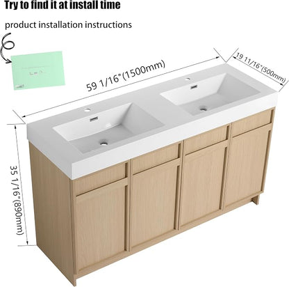60" Double Sink Freestanding Bathroom Vanity Brown 4-Door Cabinet | Twin basins for master baths, Silent soft-close hardware, Scratch-resistant basins included