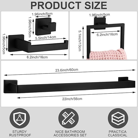 Gisafai 20 Pcs Black Bathroom Hardware Accessories Set 23.6 Inch Bath Towel Bar Kit Stainless Steel Bathroom Hardware Set Towel Racks Ring Robe Hooks Paper Holder for Wall Mounted