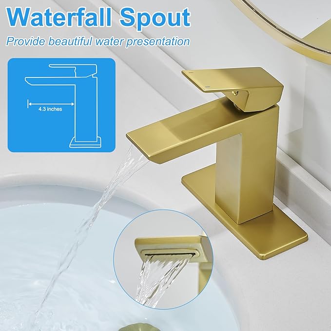 RUMOSE Brushed Gold Bathroom Faucets Set with Pop Up Drain Single Handle Bathroom Sink Faucet 1 & 3 Hole Waterfall Spout Vanity Faucet Kit with Deck Plate RV Lavatory Basin Faucet, Stainless Steel