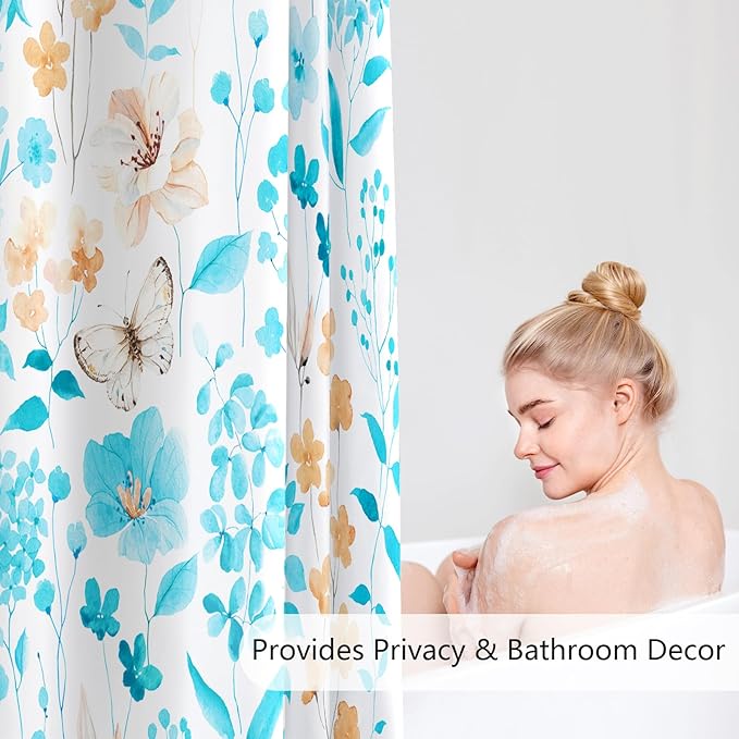 Aqua Blue Floral Shower Curtain, Cute Flower Fabric Shower Curtains for Bathroom, Teal Watercolor Wildflower Butterfly Cloth Shower Curtain Set with Hooks, 72x72
