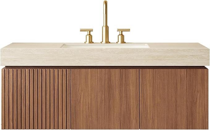 KEIKI 48 Inch Floating Bathroom Vanity with Sink, Modern Wall Mounted Storage Cabinet with Drawer, Pre-assembled Waterproof Wood Panels, Sintered Stone Top & Ceramic Basin Combo Set, Brown Oak & Beige