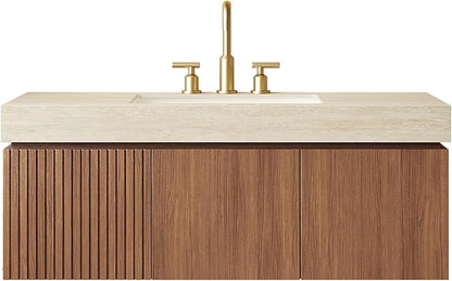 KEIKI 48 Inch Floating Bathroom Vanity with Sink, Modern Wall Mounted Storage Cabinet with Drawer, Pre-assembled Waterproof Wood Panels, Sintered Stone Top & Ceramic Basin Combo Set, Brown Oak & Beige