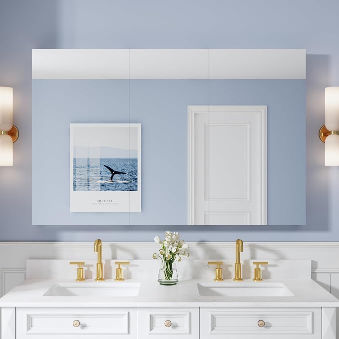 56" x 36" Bathroom Medicine Cabinet with Mirror, Anodized Chrome Aluminum Frame, Surface Mount or Recessed Medicine Cabinet with Mirror, Bathroom Mirror with Storage, Three Doors