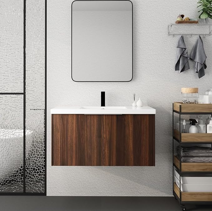 36-Inch Wall Mount Bathroom Vanity With Sink Combo for Home and Company - Modern Floating Walnut Cabinet With Resin Countertop, Double Doors, and Silver Handle