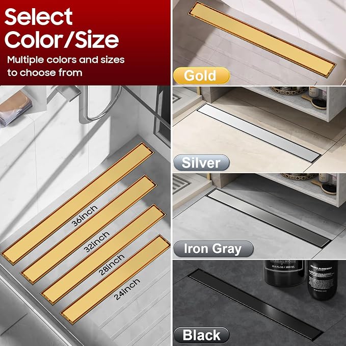 DLONE® Linear Shower Drain - 12 Inch Brushed Gold, with Tile Insert Panel | AISI 304 Stainless Steel Linear Drain, Rectangle Shower Floor Drain, with Adjustable Feet, Fits Bathroom & Balcony etc