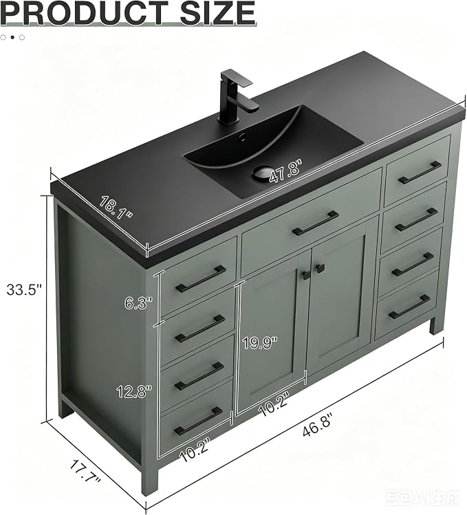 LUCKWIND 48" Modern Bathroom Vanity with Sink Combo, Contemporary Painted Storage Cabinet and Single Black Sink, Include Soft-Closing Doors & Matte Black Faucet, Green