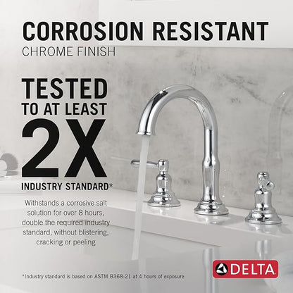 Delta Roe Chrome Bathroom Faucet 3 Hole, 8 Inch Widespread Bathroom Sink Faucet for Vanity, Push-Pop Drain Assembly, Chrome 35985LF