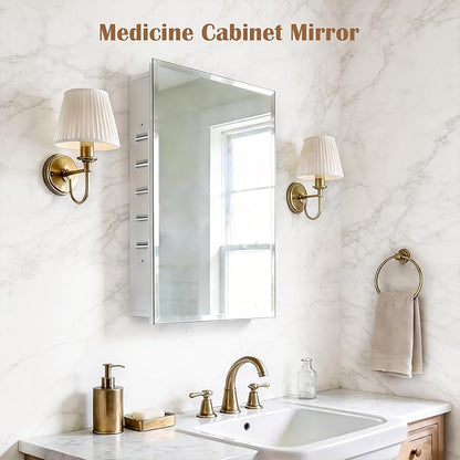 16x20'' Bathroom Medicine Cabinet Mirror with Storage, Surface Mount or Recessed Medicine Cabinet with 3-Tiered Adjustable Tempered Glass Shelves