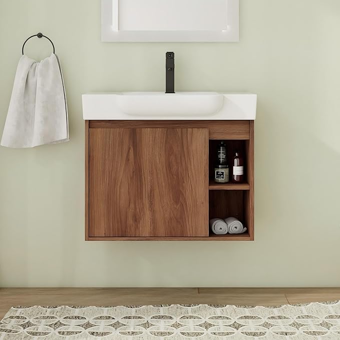 28 Inch Floating Vanity, 28" Bathroom Vanity with Sink, Single Sink Wall Mounted Vanity Combo, Modern Brown Bathroom Vanity Set with 1 Door