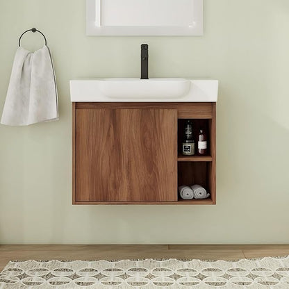 28 Inch Floating Vanity, 28" Bathroom Vanity with Sink, Single Sink Wall Mounted Vanity Combo, Modern Brown Bathroom Vanity Set with 1 Door