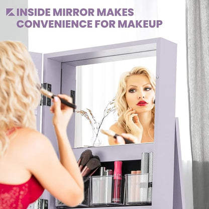 CHARMAID 360° Swivel Jewelry Armoire with Full Length Mirror, Standing Lockable Jewelry Cabinet Organizer, Large Storage Capacity, Inside Makeup Mirror, Back Storage Shelves (Lavender)