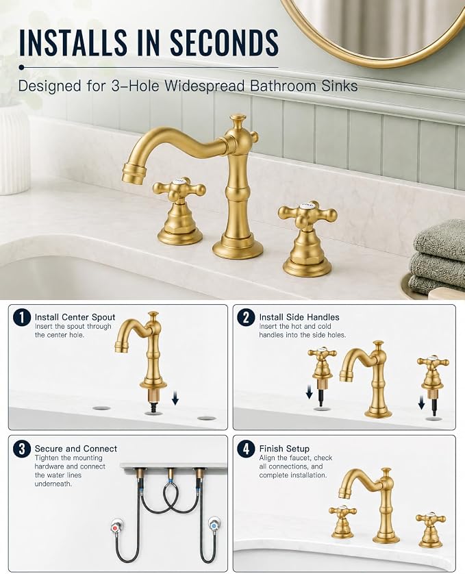 gotonovo Bathroom Faucet 3 Hole Vintage, Brushed Gold, Hot Cold Label | Widespread Bathroom Sink Faucet 8 Inch 2 Cross Handles,Pop Up Drain,cUPC Supply Line,4-15.7” Install,for Vanity Farmhouse RV