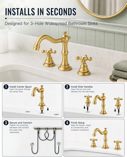 gotonovo Bathroom Faucet 3 Hole Vintage, Brushed Gold, Hot Cold Label | Widespread Bathroom Sink Faucet 8 Inch 2 Cross Handles,Pop Up Drain,cUPC Supply Line,4-15.7” Install,for Vanity Farmhouse RV