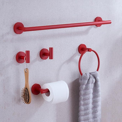 Bathroom Hardware Set,5 Pieces Bathroom Towel Bar Set,24 inch Towel Bar,Towel Ring for Bathroom,Robe Towel Hooks,Toilet Paper Holder Wall Mounted(Drilling),Red,SE96006S-5RED