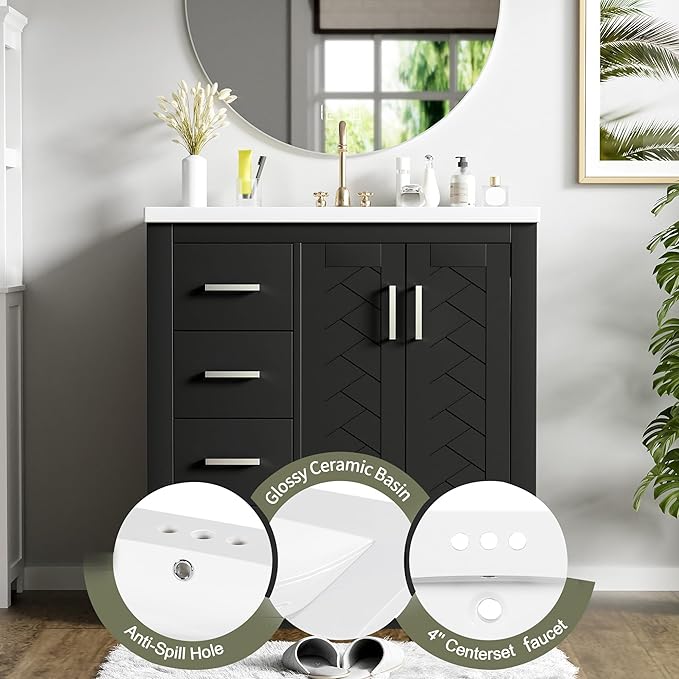Merax Herringbone Single Sink Bathroom Vanity, Freestanding 30" Modern Bathroom Vanity Storage Cabinet with 3 Drawers and 2 Doors, Solid Wood Frame