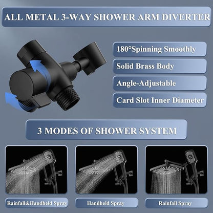 High Pressure Rain Shower Head with Handheld Spray Combo, 12 Inch Rainfall Shower Heads with Adjustable Extention Arm, Wide Dual Waterfall Showerhead with 3-Way Diverter(Matte Black)