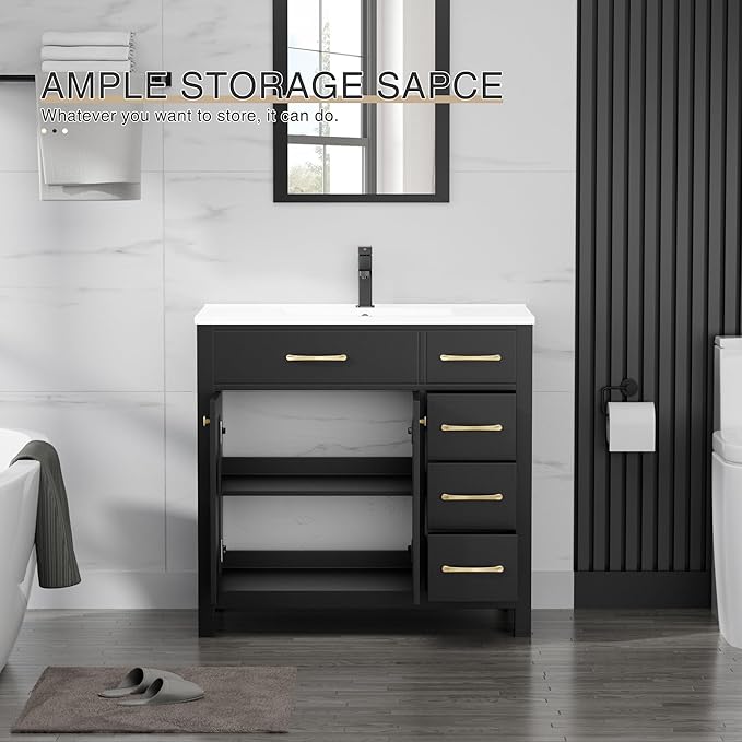 LUCKWIND 36" Bathroom Vanity with Sink Combo, Painted Modern Bathroom Storage Cabinet with Large Sink, Two Doors and Three Drawers, Include Faucet, Without Mirror, Black