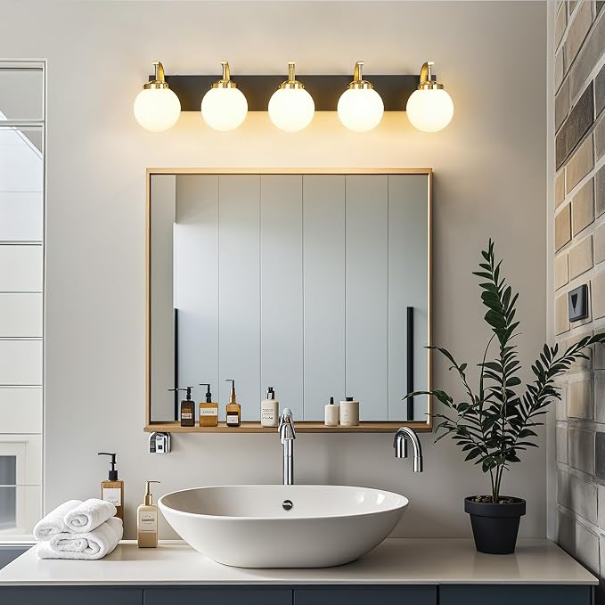 5-Light Bathroom Vanity Light Fixtures Sand Black Gold Vanity Lights Over Mirror Modern Wall Sconce with Milk White Glass Globe Lampshade for Lving Room Dining Room Corridor Powder Room