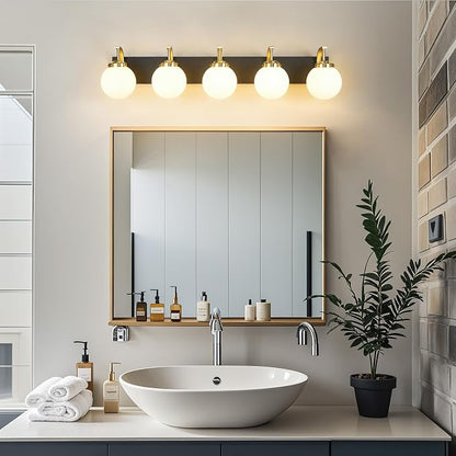 5-Light Bathroom Vanity Light Fixtures Sand Black Gold Vanity Lights Over Mirror Modern Wall Sconce with Milk White Glass Globe Lampshade for Lving Room Dining Room Corridor Powder Room