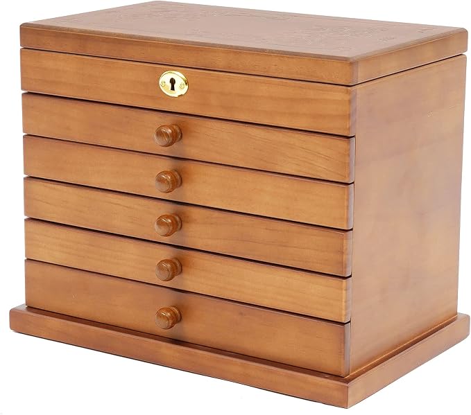 Large Wooden Jewelry Box for Women, Classic 6-layer Jewelry Storage Organizer with Mirror and Lock for Watches, Necklace, Ring (Brown)