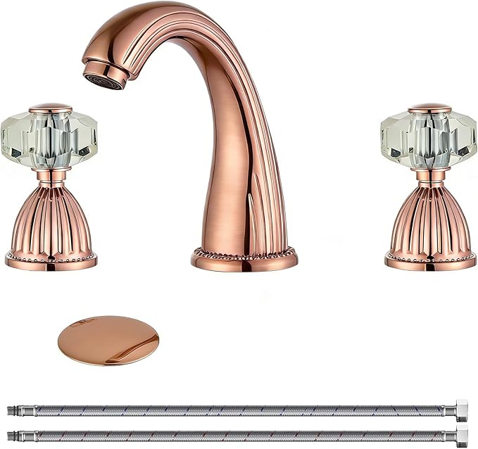 Wovier Rose Gold Widespread Bathroom Sink Faucet,Two Handle Three Hole Brass Lavatory Vanity Faucet,8-16 Inch Basin Mixer Tap with Pop Up Drain Assembly
