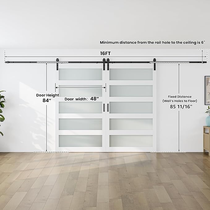 SMARTSTANDARD Double 48×84 Glass Barn Door with Sliding Hardware Kit | Pre-Drilled Ready to Assemble, Waterproof PVC Coating, 5-Panel Glass, White