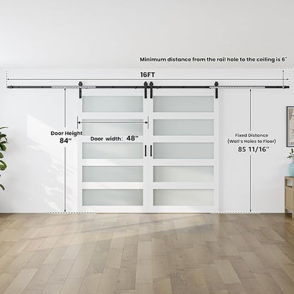 SMARTSTANDARD Double 48×84 Glass Barn Door with Sliding Hardware Kit | Pre-Drilled Ready to Assemble, Waterproof PVC Coating, 5-Panel Glass, White