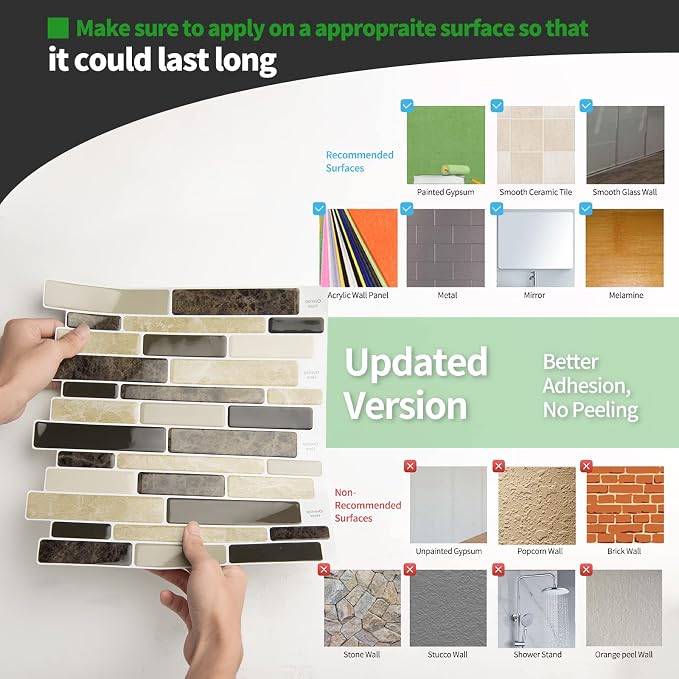 LONGKING 10-Sheet Brown Peel and Stick Backsplash Tile for Kitchen, Vinyl Stick on Tile Stickers for Wall, Kitchen, Bathroom, Counter Top | Peel and stick backsplash, vinyl PVC, Brown, waterproof, kitchen bathroom wall, 10-sheet, set B