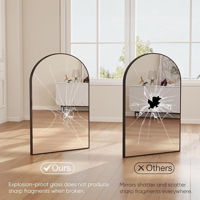 NEWBULIG 26"X38" Arched Bathroom Mirror for Over Sink, Wall Vanity Mirror | Tempered Glass, Anti-Rust Arched Metal Framed, Hanging or Leaning, Farmhouse Home Decor, Black