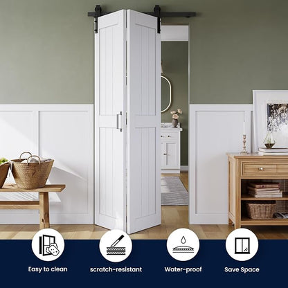 SMARTSTANDARD Bifold Barn Door 32" x 84", MDF Bi-Fold Sliding Closet Doors | Hardware Kit Included, Pre-Finished Easy Assembly, Water-Proof PVC Surface & Save Space, H-Frame, 36" Track for 2 Doors