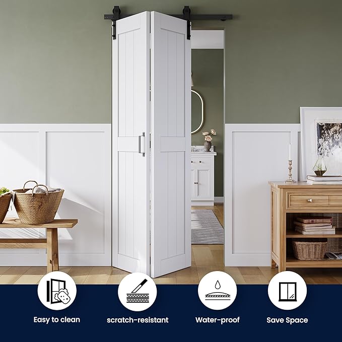 SMARTSTANDARD Bifold Barn Door 36" x 84", MDF Bi-Fold Sliding Closet Doors | Hardware Kit Included, Pre-Finished Easy Assembly, Water-Proof PVC Surface & Save Space, H-Frame, 40" Track for 2 Doors