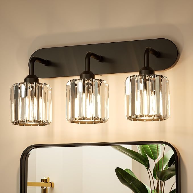 Keonjinn 3-Light Bathroom Light Fixtures Over Mirror, Crystal Black | Vanity Lighting Fixture with Crystal Square Shades, Dimmable, Modern Style, Compatible with E26 Base LED Bulbs (Exclude Bulb)