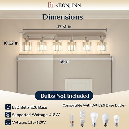 Keonjinn 6-Light Chrome Crystal Bathroom Light Fixtures Over Mirror | Vanity Lighting Fixture with Crystal Square Shades, Dimmable, Modern Style, Compatible with E26 Base LED Bulbs (Exclude Bulb)