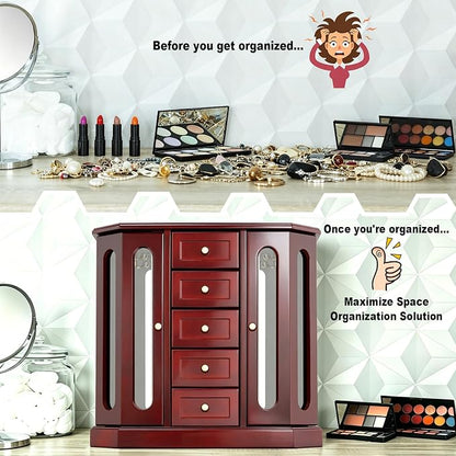 RR ROUND RICH DESIGN Vintage Jewelry Armoire with Mirror Brown | - Solid Wood Jewelry Box Organizer with 5 Drawers & 2 Glass Doors - Large Capacity Desktop Dresser Case