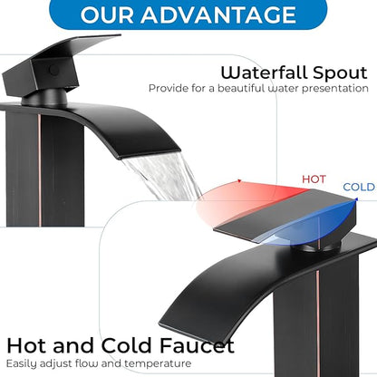 ORB Bathroom Faucets, Waterfall Bathroom Sink Faucet Modern Single Handle Bathroom Faucte 1 or 3 Hole, RV Mixer Tap Vanity Faucet - Includes Pop-up Drain Supply Hoses Deck Plate