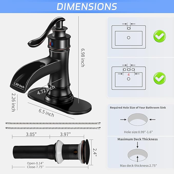 BWE Bathroom Sink Faucet Oil Rubbed Bronze Waterfall with Pop Up Drain Stopper Assembly Water Supply Hose Rustic Lead-Free Lavatory Vanity Bath Black Farmhouse Faucet Single Handle Mixer Single Hole