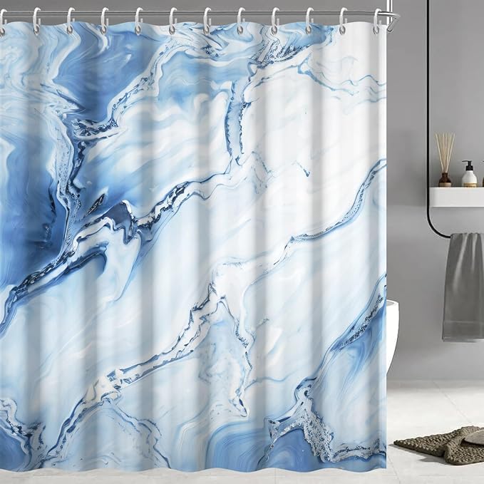 Blue Shower Curtain, Ombre Blue Marble Shower Curtain for Bathroom Modern Aesthetic Waterproof Shower Curtain Set with Hooks, 72x96 Inch