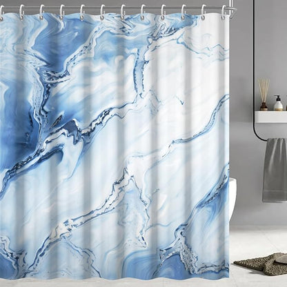 Blue Shower Curtain, Ombre Blue Marble Shower Curtain for Bathroom Modern Aesthetic Waterproof Shower Curtain Set with Hooks, 72x84 Inch