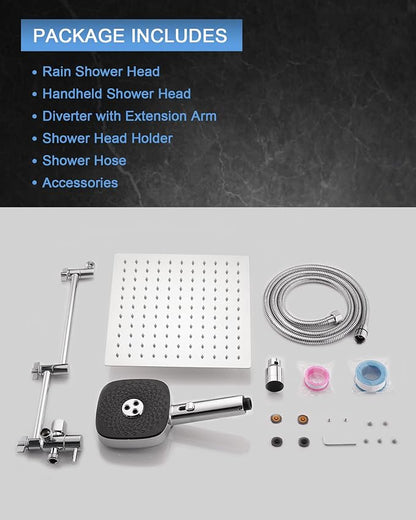 10" Rainfall Shower Head with Handheld Combo, High Pressure Dual Showerhead with Square Rain& Magnetic Hand Sprayer, 15" Adjustable Metal Extension Arm (Chrome)