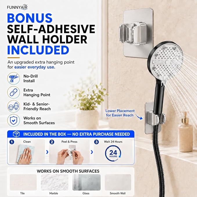 High Pressure Shower Head, Stick-on Low Mount Wall Bracket, Black | 5 Spray Modes, Water-Saving, 360° Adjustable Bracket, For Low Water Pressure Home, RV, Bathroom, Fix Firmly Kid-Friendly
