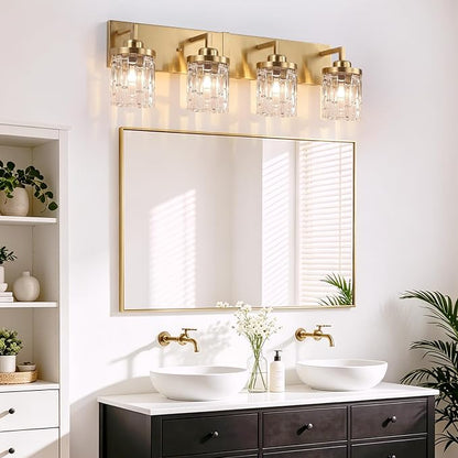 maesta Gold Bathroom Light Fixture,4 Light Modern Vanity Light Over Mirror | Modern Vanity Light, Gold Metal & Crystal Glass Fixture, Anti-Rust, Easy to Install for Bathroom Hallway Bedroom Entryway