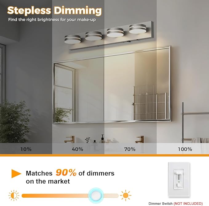 26" Motion Sensor Vanity Light Brushed Nickel, 3CCT 4-Light Modern LED Bathroom Lighting Fixtures Over Mirror, Dimmable Rotatable Head Wall Sconce, 3000K-6000K Color Selectable