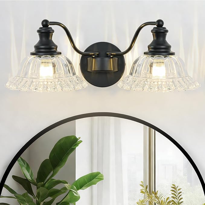 Black Bathroom Light Fixtures Over Mirror, 2 Light Vintage Bathroom Vanity Light Fixture with Clear Flower Glass Shades, Retro Vanity Lights for Bathroom, Bathroom Vanity Lights Over Mirror