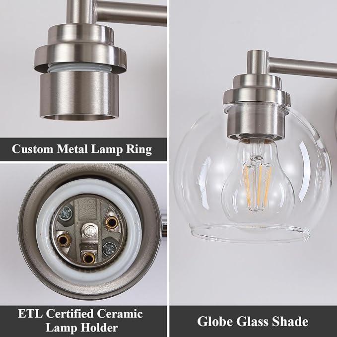 Upgrade 3-Light Bathroom Light Fixtures, Modern Vanity Light with Globe Glass Shade, Brushed Nickel Bathroom Lights Over Mirror, Vanity Lights for Bathroom Bedroom Hallway Living Room