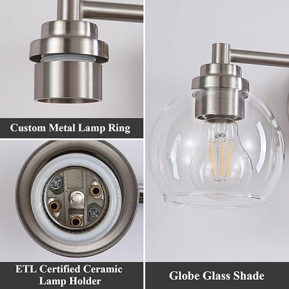 Upgrade 3-Light Bathroom Light Fixtures, Modern Vanity Light with Globe Glass Shade, Brushed Nickel Bathroom Lights Over Mirror, Vanity Lights for Bathroom Bedroom Hallway Living Room