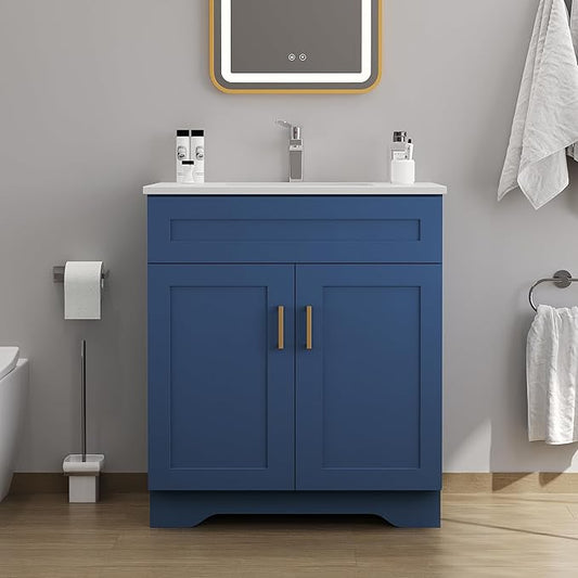 Bathroom 30" Vanity with Ceramic Sink, Wooden Double Door Bathroom Storage Cabinet, Freestanding Cabinet Vanity with Sink (Paint, Blue,30")