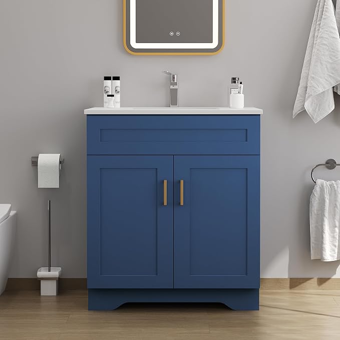 30 Inch Bathroom Vanity, Wooden Double Door Bathroom Sink Storage Cabinet, Freestanding Modern Bathroom Vanity Without Sink (Blue No Sink, 30")